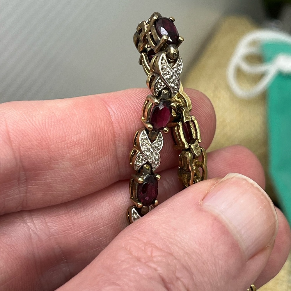 Vintage Sterling Silver 925 Garnet Bracelet 7.5” Estate 15.9g Two-Tone Design - Picture 11 of 17
